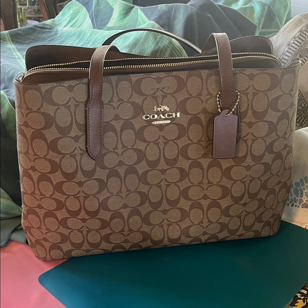 Coach Tan and Brown Signature Laptop Bag